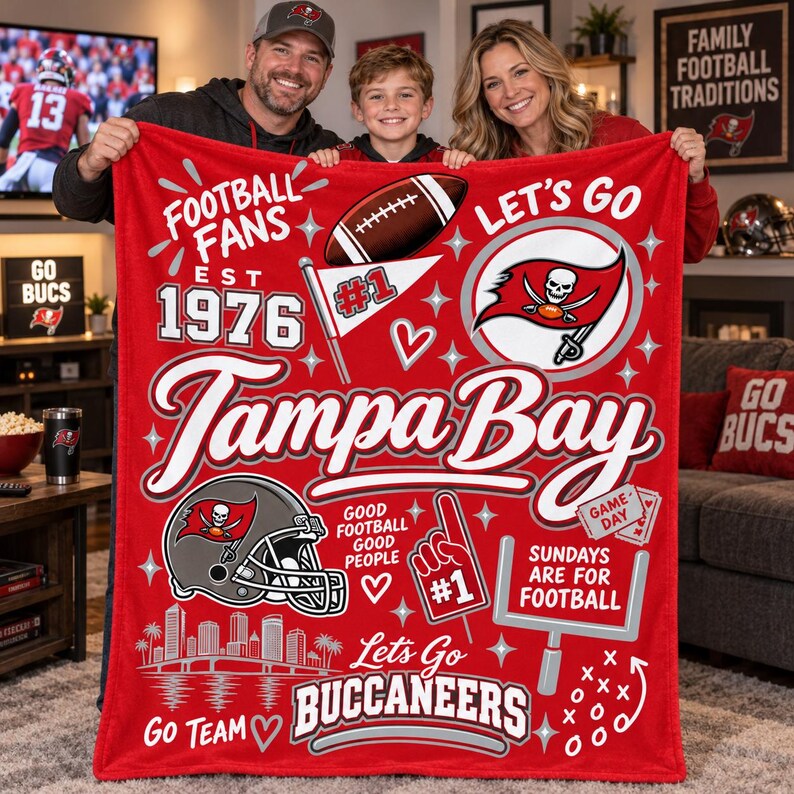 May include: A red fleece blanket featuring Tampa Bay Buccaneers graphics, including a football, a team logo, a helmet, a goalpost, and text such as "Football Fans Est 1976," "Tampa Bay," "Good Football Good People," and "Sundays Are For Football."
