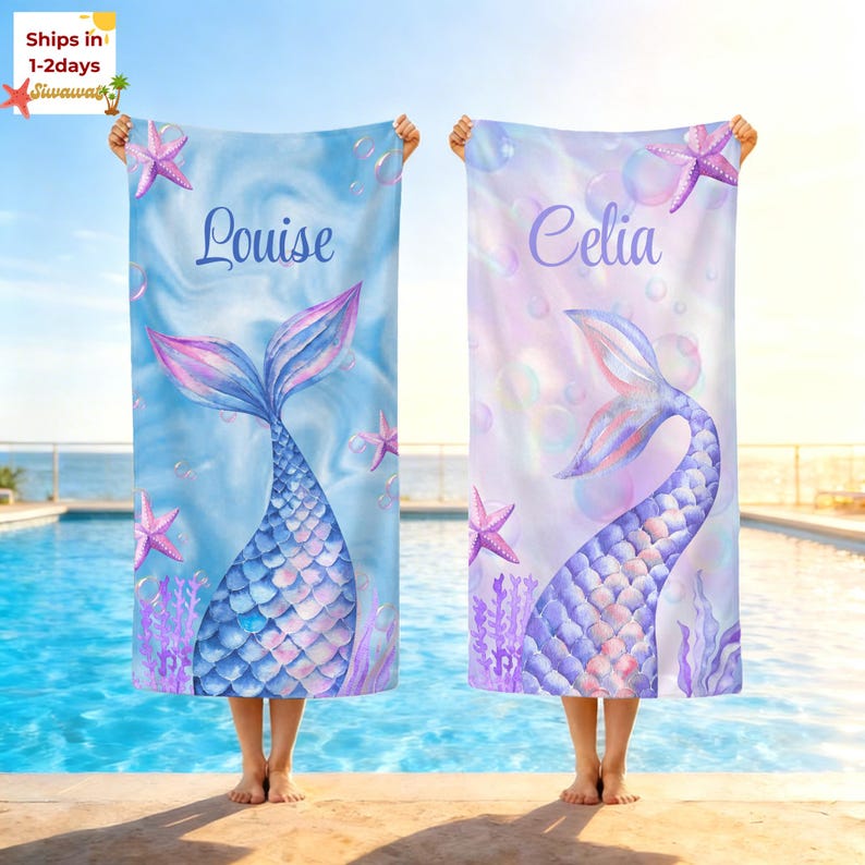 May include: Two personalized mermaid tail beach towels. One is blue with the name "Louise", the other is purple with the name "Celia". Both feature mermaid tails, starfish, and bubbles.