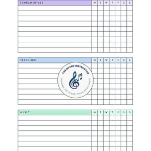 Puede incluir: Una lista de verificación de práctica blanca para clarinete y fagot. La lista incluye secciones para fundamentos, técnica y música, con espacio para rastrear la práctica diaria. El texto "Practice Checklist" está en la parte superior.