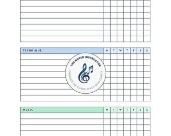 May include: A white practice checklist for clarinet and bassoon. The checklist includes sections for fundamentals, technique, and music, with space to track daily practice. The text "Practice Checklist" is at the top.