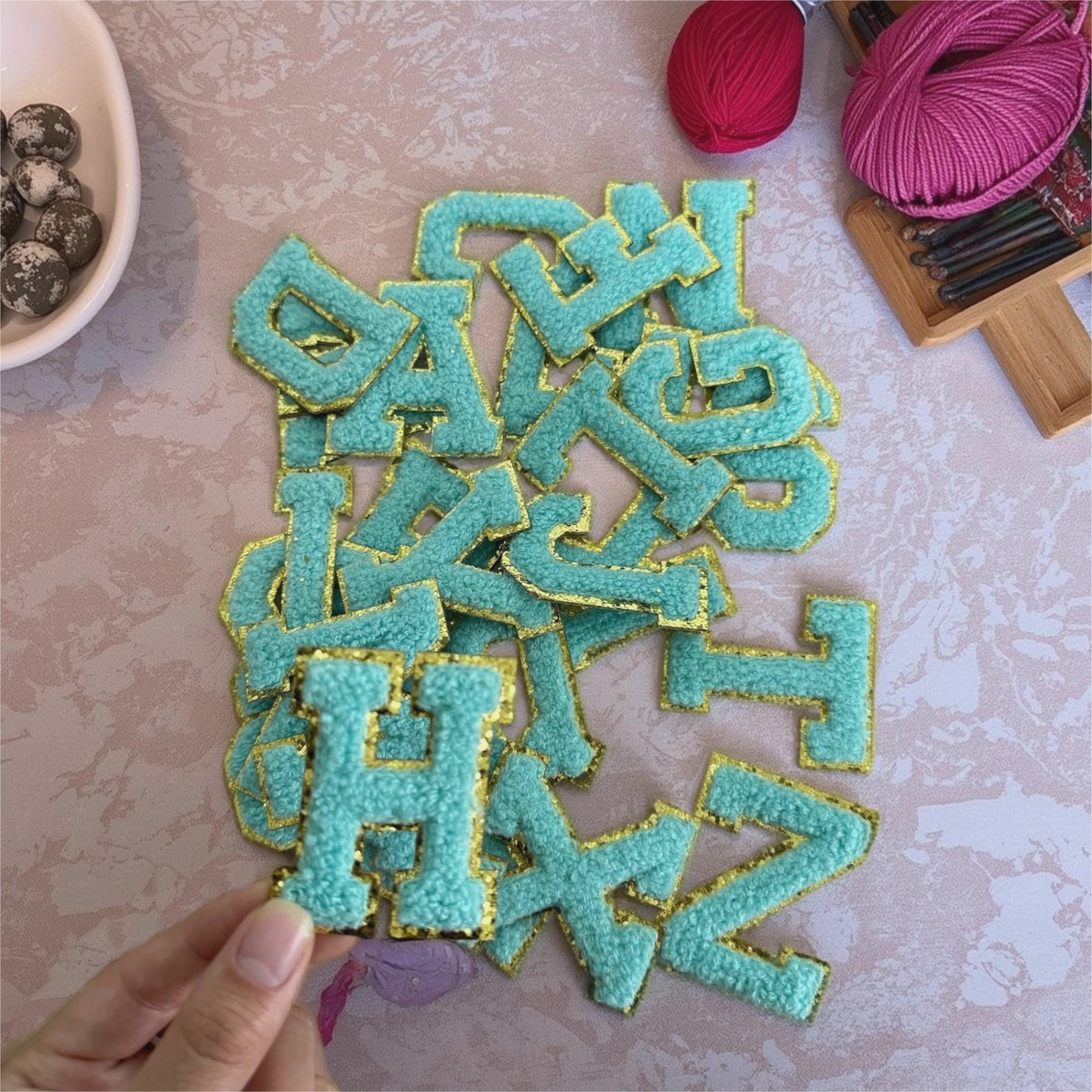Chenille letter iron-on patch, Chenille Letters-Chenille Patch, Adhesive Letters-Adhesive Patches, with gold trim self adhesive and iron on