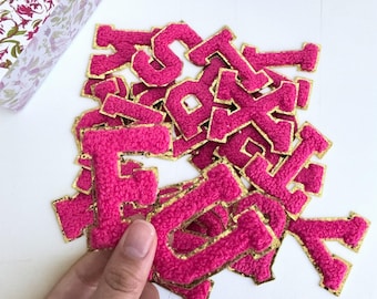 Chenille letter iron-on patch, Chenille Letters-Chenille Patch, Adhesive Letters-Adhesive Patches, with gold trim self adhesive and iron on