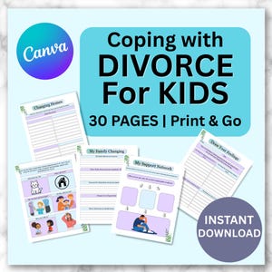 Diario de divorcio para niños / 30 páginas de actividades imprimibles / Plantilla editable de Canva / Cuaderno de afrontamiento para niños / Emociones y cambios familiares