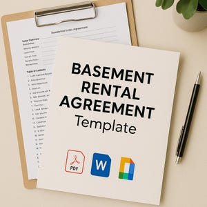 Puede incluir: Un documento titulado "Basement Rental Agreement Template" con iconos PDF, Word y otros tipos de archivo. El documento está en una carpeta con un formulario de "Residential Lease Agreement". Un bolígrafo negro y una pequeña planta también están en la imagen.