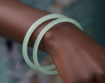 Natural Green Jade Bangle Bracelet Set • Thin Jadeite Stone Jewelry