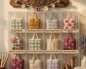 11 häkeln Oma Quadrat Tragetasche Muster Bundle PDF | Blumen Tragetasche Häkelanleitung | Boho Häkeltasche | Taschenschnittmuster