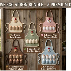 May include: Five different egg aprons are displayed, each with a unique color and style. The aprons are cream, pastel pink, sage green, rustic brown, and soft blue. Each apron has egg pockets and a decorative chicken design.