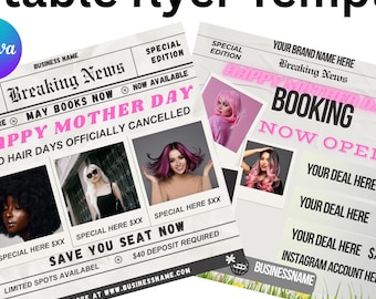 Mai-Buchungsflyer, Muttertags-Buchungsfliegervorlage, Zeitungsstil-Flyer für besondere Termine, Haarnägel Lash Promo Canva Bearbeitbar