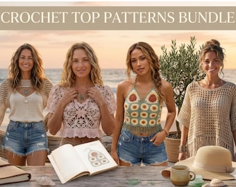 Sommer Häkel Top Muster 5 in 1 Bundle PDF, Boho Crop Top, Häkelanleitung, Grandma Square Top, Festival Neckholder Top, Mesh Top mit Glocke
