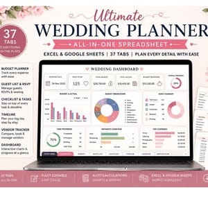 May include: A digital wedding planner spreadsheet for Excel and Google Sheets displayed on a laptop screen. The interface features a dashboard with charts, budget trackers, guest lists, and timelines, decorated with pink floral accents and text.