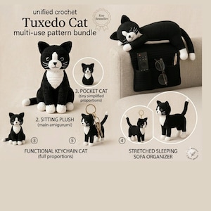 Tuxedo Cat Crochet Multi-Use Pattern Bundle (5-in-1 PDF) – Sitting, Standing, Mini, Keychain and Sofa Organizer Amigurumi