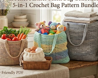 Farmer Markttasche häkeln Muster Bundle PDF | 5 Wiederverwendbare Mesh-Tragetaschen | Aufbewahrung für zu Hause, Küche Organizer, Lebensmittelgeschäft, Wäsche häkeln DIY