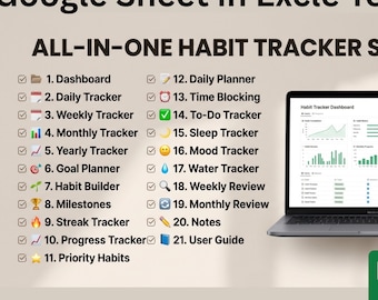 Habit Tracker Tabelle, Google Sheets in täglich, wöchentlich, monatlich und jährlich, Ziel-Tracker, Wasseraufnahme-Tracker, Schlaf- und Stimmungs-Tracker