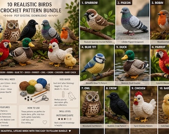 Realistische Vögel Häkelanleitung Bundle PDF Spatz, Taube, Rotkehlchen, Blaumeise, Ente, Papagei, Eule, Krähe, Huhn, Instant Download