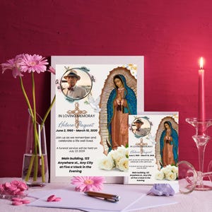 以下が含まれることがあります： 肖像画と聖母マリアのイラストが特徴の追悼カードセット。カードには「In Loving Memory Helene Paquet」というテキストと葬儀の詳細が含まれています。白いバラと鳩も描かれています。