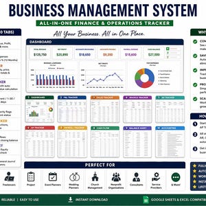 May include: A digital business management system with a dashboard, financial trackers, and accounting tools. Includes 10 tabs for finance and operations. Features charts, graphs, and data tables. Compatible with Google Sheets and Excel.