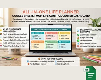 All-in-One Life Planner Google Sheets | Mom Life Control Center Dashboard | Haushalt Mahlzeit Familie Gesundheit Produktion Tracker | Excel-Begriff