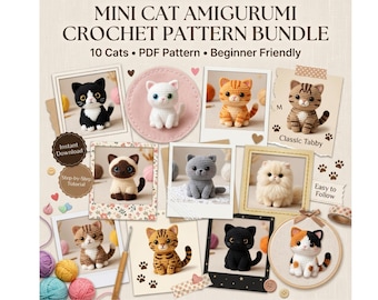 Mini Cat Häkelanleitung 10 Bundle PDF | Amigurumi Kätzchen Smoking Siam Perser Bengal Tabby | Anfängerfreundlicher Sofortdownload