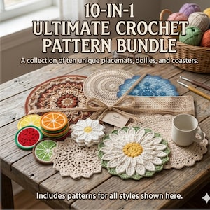 May include: A selection of crochet patterns for placemats, doilies, and coasters. The image displays finished crochet items, such as a daisy, fruit slices, and patterned circles. A basket of yarn and crochet hooks are also visible.