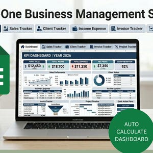 Peut inclure: Un ordinateur portable affiche un tableau de bord de gestion d'entreprise avec des données financières, des graphiques et des diagrammes. L'écran affiche "KPI Dashboard" et "Year 2026" avec des indicateurs financiers. Une icône Excel verte, une bouteille d'eau et un carnet sont également visibles.