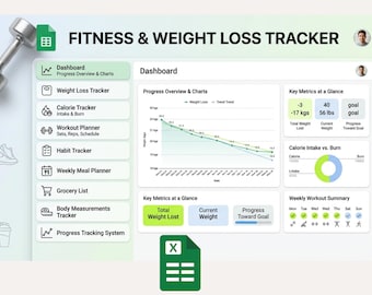 Fitness und Gewichtsverlust Tracker Excel, Google Sheets Dashboard, Trainingsplaner, Kalorien-Tracker, Mahlzeitenplaner, Habit Tracker, Einkaufsliste