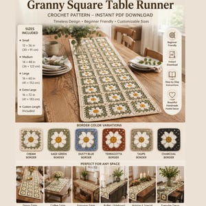 Granny Square Table Runner Crochet Pattern PDF | Beginner Daisy Table Runner | Farmhouse Table Decor | Instant Download | Adjustable Sizes