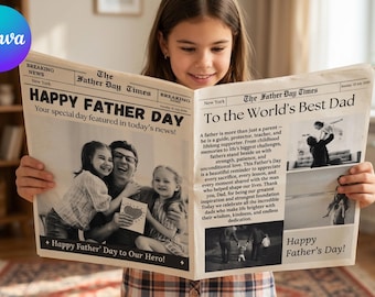 Vatertag Zeitungsvorlage, 4-seitig bearbeitbares Canva Design, Bouquet Wrap druckbares Geschenk für Papa, faltbare Karte im Zeitungsstil, digital