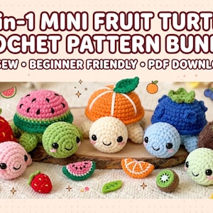 May include: A collection of colorful crochet turtle patterns shaped like fruits, including a strawberry, watermelon, orange, blueberry, and kiwi. The image includes the text "5-in-1 MINI FRUIT TURTLE CROCHET PATTERN BUNDLE".
