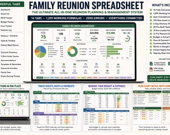 Familientreffen-Arbeitsblatt | Réunion-Planer, Gästeliste, Budget Tracker und Reiseplan | Google Sheets Organizer