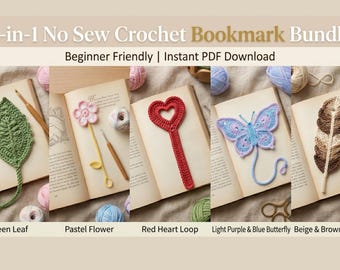 Nr Sew häkeln Lesezeichen Muster Bundle PDF | 5-in-1 Lesezeichen für Anfänger | Blatt-Blumen-Herz Schmetterling Feder | Sofort Download