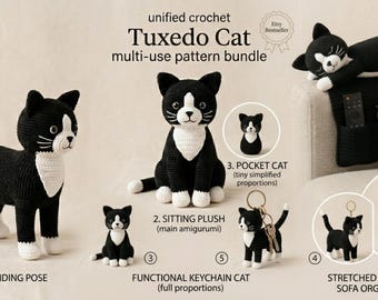 Smoking Cat Crochet Multi-Use Pattern Bundle (5-in-1 PDF) - sitzend, stehend, Mini, Schlüsselbund und Sofa Organizer Amigurumi