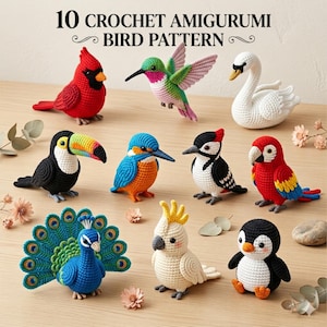 May include: A collection of ten crocheted amigurumi bird patterns are arranged on a wooden surface. The birds include a red cardinal, a green hummingbird, a white swan, a black toucan, a blue kingfisher, a black and white woodpecker, a red parrot, a blue peacock, a white cockatoo, and a black and white penguin.