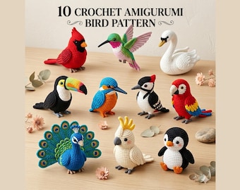 10 Vogel Häkelanleitungen Bundle PDF, Amigurumi Vogel Häkelanleitungen, Kardinal Tukan Pfau Pinguin Schwan Papagei Plüsch Anleitung