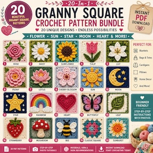 May include: A digital crochet pattern bundle featuring 20 granny square designs including a rose, daisy, sunflower, tulip, lily, peony, lotus, cherry blossom, sun, moon, star, rainbow, heart, butterfly, leaf, strawberry, mushroom, bee, and sunburst.