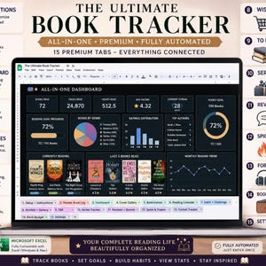 Può includere: Uno schermo di un laptop che mostra la dashboard "The Ultimate Book Tracker". L'interfaccia mostra i progressi di lettura, i generi di libri e un calendario di lettura. Il software è compatibile con Google Sheets e Microsoft Excel.