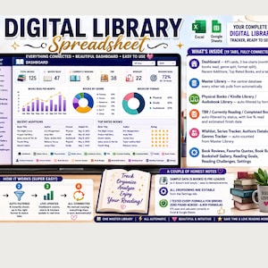 Hoja de cálculo de biblioteca digital / Seguimiento de libros en Google Sheets y Excel / Registro de lectura, Seguimiento de libros pendientes, Diario de lectura de la biblioteca Kindle, Serie de libros