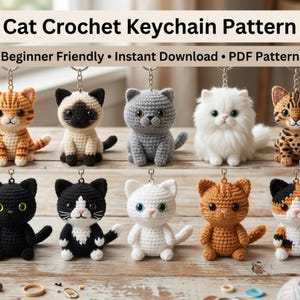 Paket med 10 virkade nyckelringsmönster för katter i PDF-format | Amigurumi-nyckelringsmönster för katter | Siames, bengal, perser, kalikå, svart katt, virkmönster