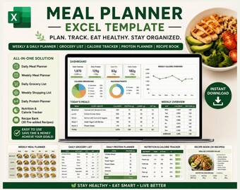 May include: A digital meal planner Excel template displayed on a laptop screen, featuring a dashboard with calorie and protein trackers, a weekly meal planner, grocery list, and recipe book. The interface includes charts, tables, and data.