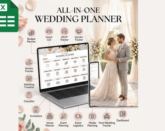 All in One Hochzeitsplaner | Budgetplaner, Gästeliste und Antwort-Tracker | Bearbeitbar für Excel und Google Sheets