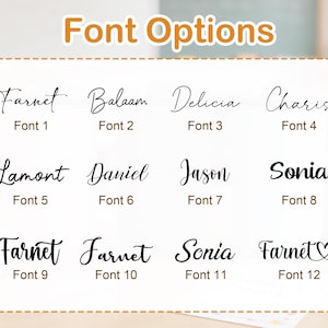 May include: A display of twelve different font options, each with a sample name and font number. The text "Font Options" is at the top. The fonts vary in style, from elegant script to simple sans-serif.