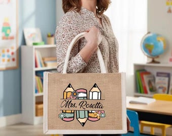 Personalized Teacher Tote Bag, Custom Name Jute Bags, Back to School Gift for Teacher