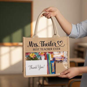 Personalized burlap teacher bag, Custom Name Tote, Teacher Appreciation & Graduation Gifts for Educators image 4