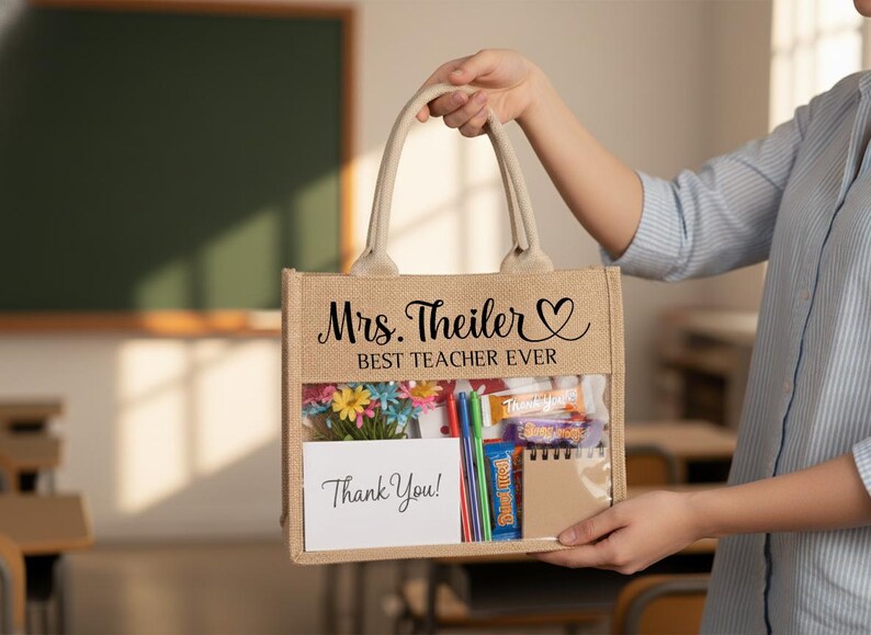 Personalized burlap teacher bag, Custom Name Tote, Teacher Appreciation & Graduation Gifts for Educators image 4