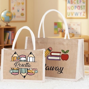 Personalized Teacher Burlap Tote Bag, Custom Name Gift