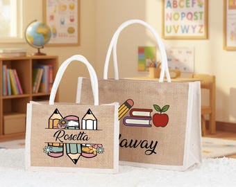 Sac fourre-tout personnalisé en toile de jute pour professeur, cadeau prénom personnalisé