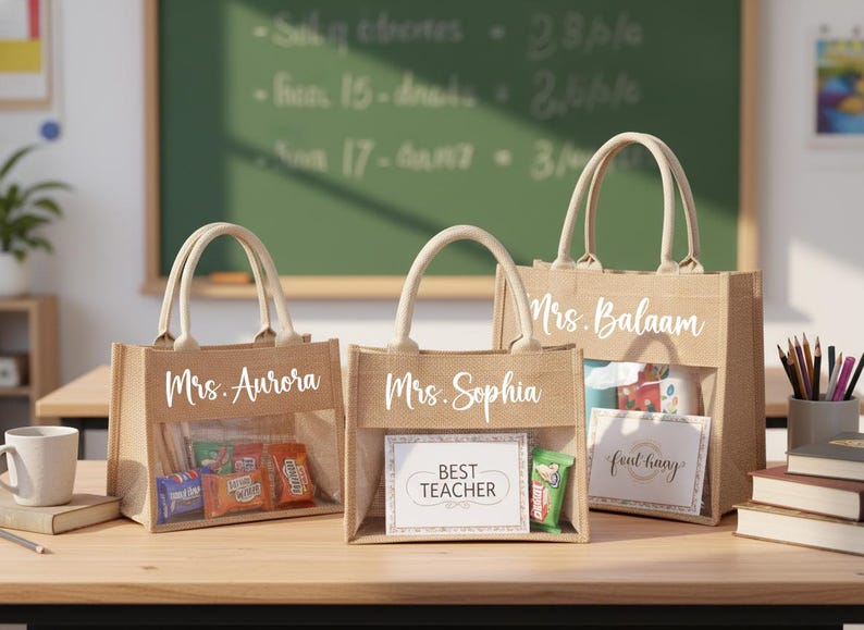 Personalized burlap teacher bag, Custom Name Tote, Teacher Appreciation & Graduation Gifts for Educators image 7