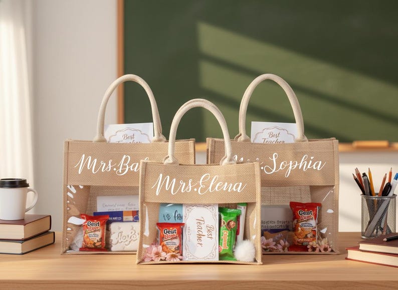 May include: Three beige jute tote bags with clear front panels, each personalized with a teacher's name in white script. The bags are filled with gifts, including snacks and cards, and have cream-colored handles. A mug and books are on the table.