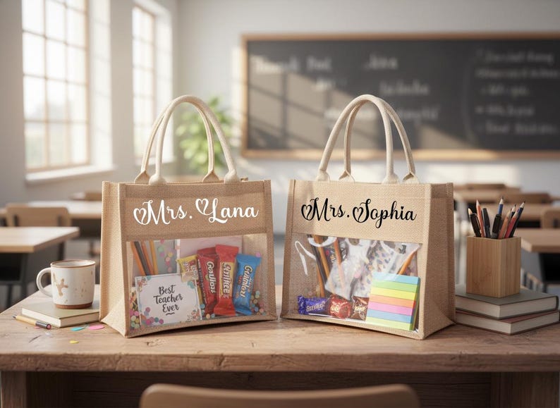 May include: Two beige burlap tote bags with clear front pockets, filled with treats and school supplies. One bag says "Mrs. Lana" and the other says "Mrs. Sophia". The bags are on a wooden desk in a classroom setting.