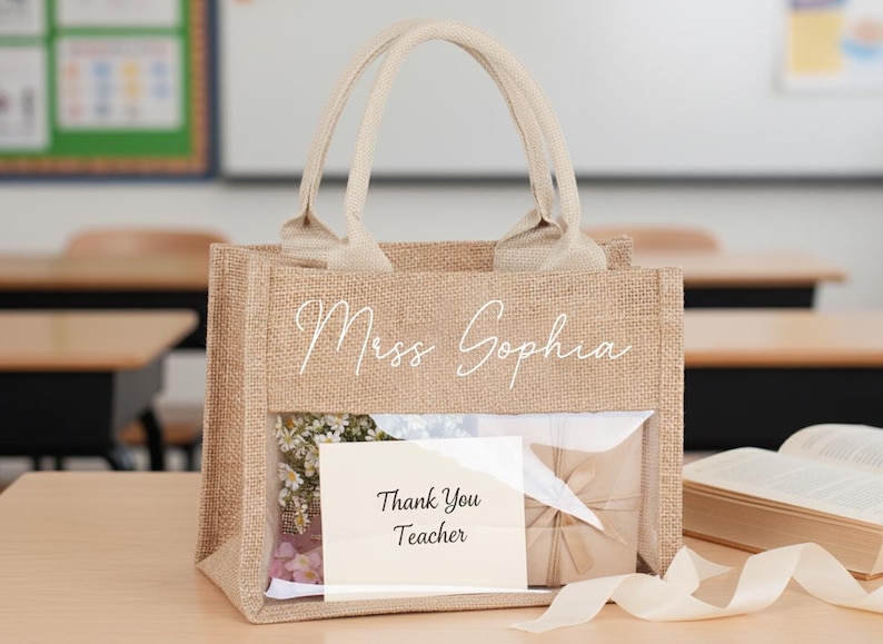 Personalized burlap teacher bag, Custom Name Tote, Teacher Appreciation & Graduation Gifts for Educators image 9