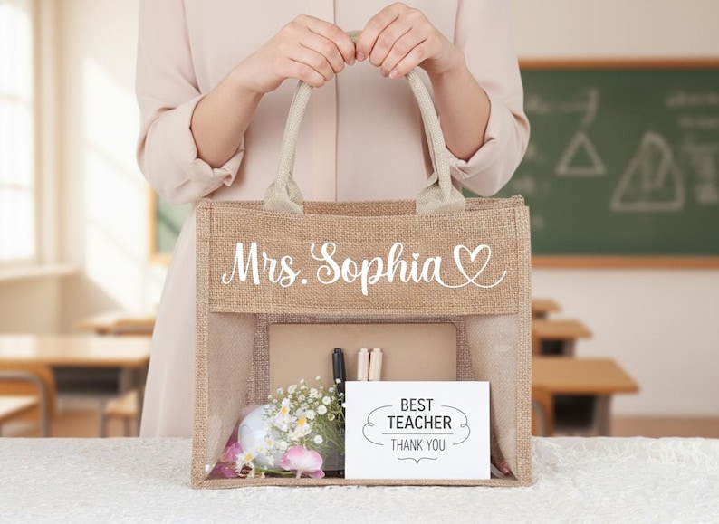 Personalized burlap teacher bag, Custom Name Tote, Teacher Appreciation & Graduation Gifts for Educators image 8
